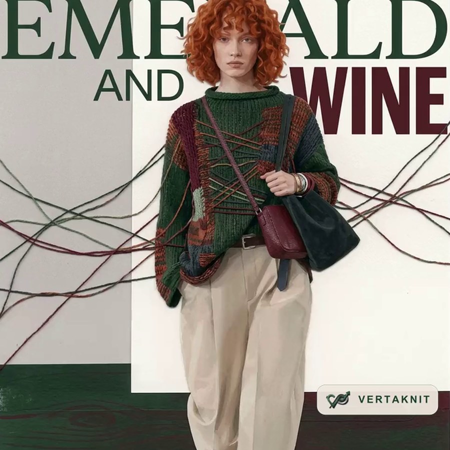 VertaKnit AW2027, emerald and wine patchwork knit