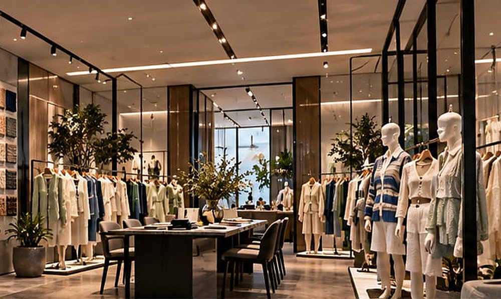 VertaKnit SS27 showroom, rails and mannequins