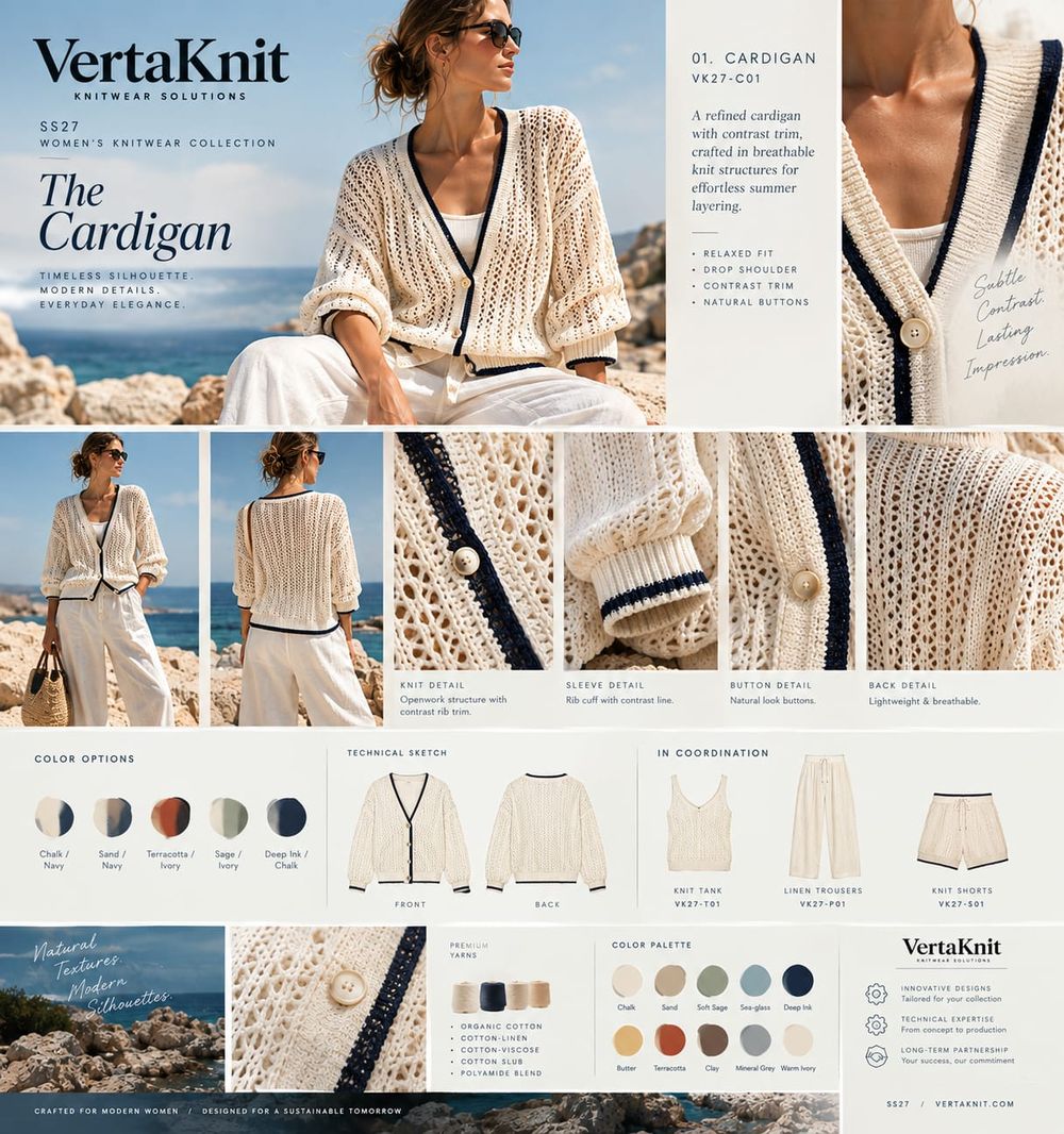 VertaKnit SS27 board, The Cardigan, timeless silhouette