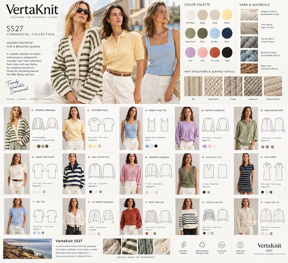 VertaKnit SS27 board, SS27 commercial collection, eighteen styles