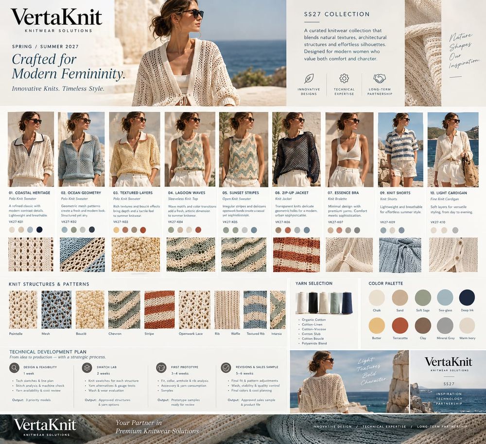 VertaKnit SS27 collection board, Crafted for Modern Femininity, ten styles