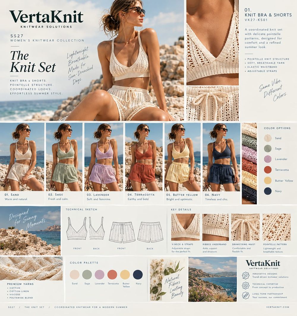 VertaKnit SS27 board, The Knit Set, bra and shorts