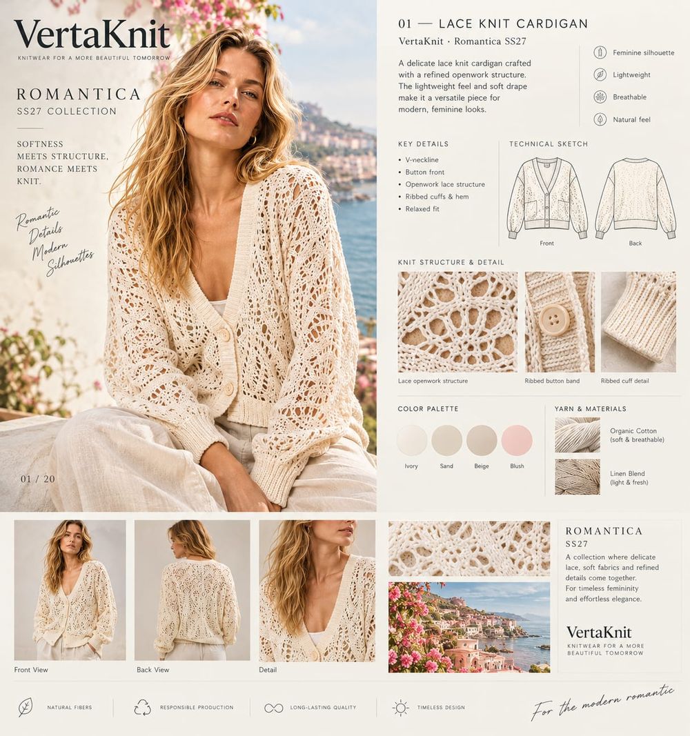 VertaKnit SS27 board, Romantica, the lace knit cardigan