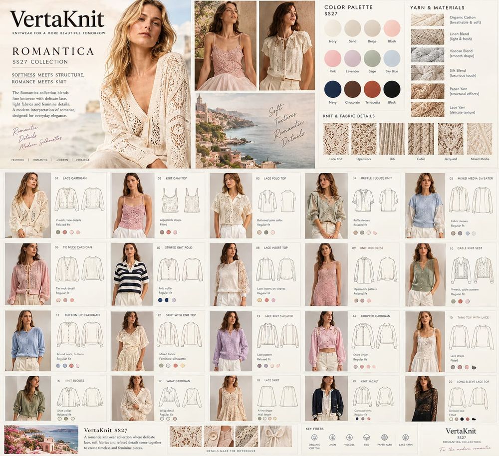 VertaKnit SS27 collection board, Romantica, twenty styles