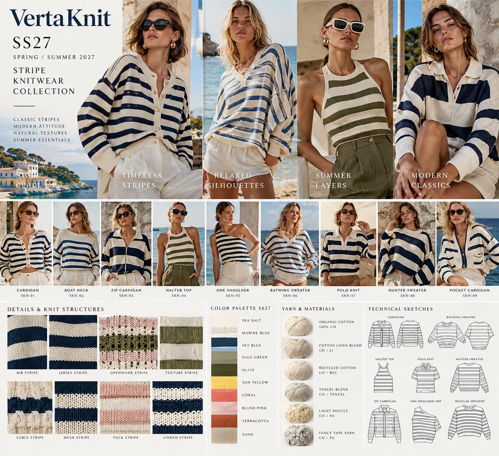 VertaKnit SS27 board, Stripe knitwear collection, nine key shapes