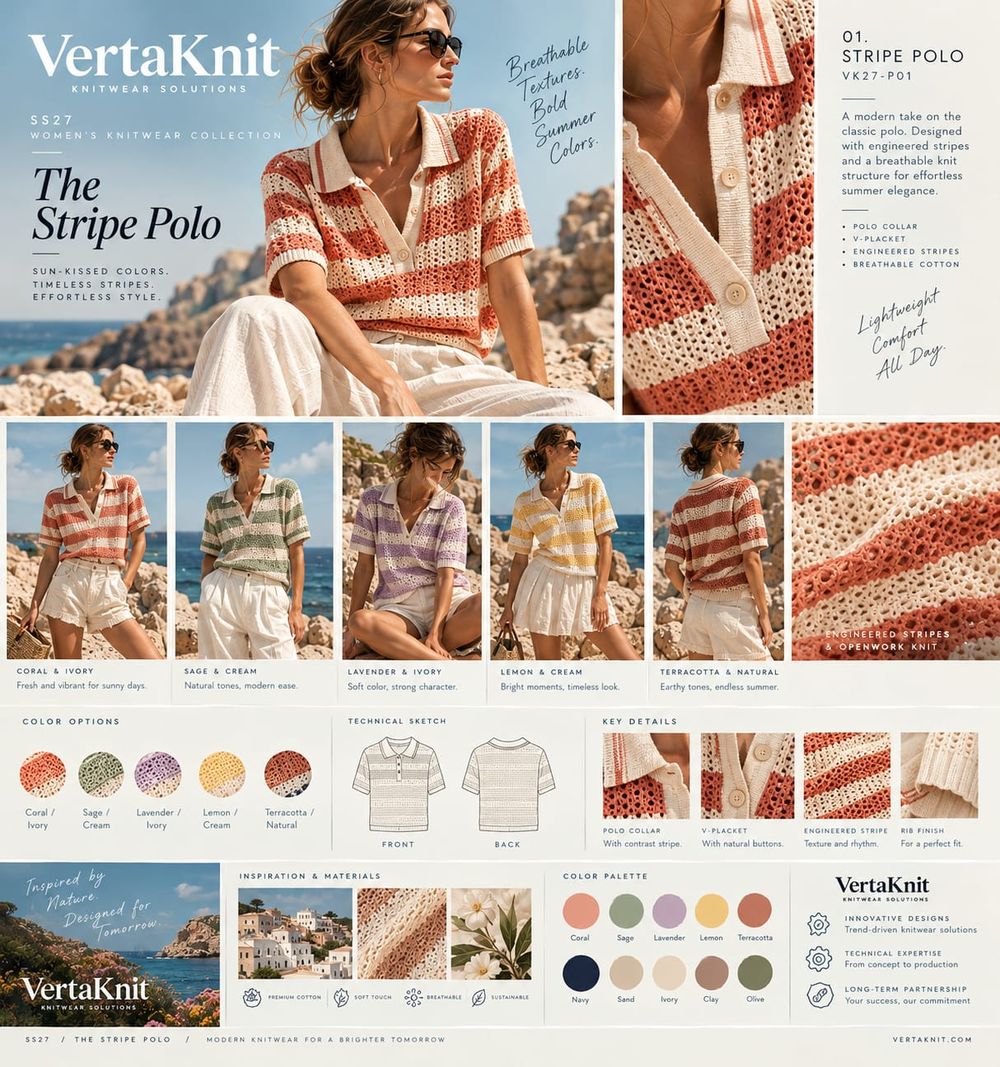 VertaKnit SS27 board, The Stripe Polo, colour options