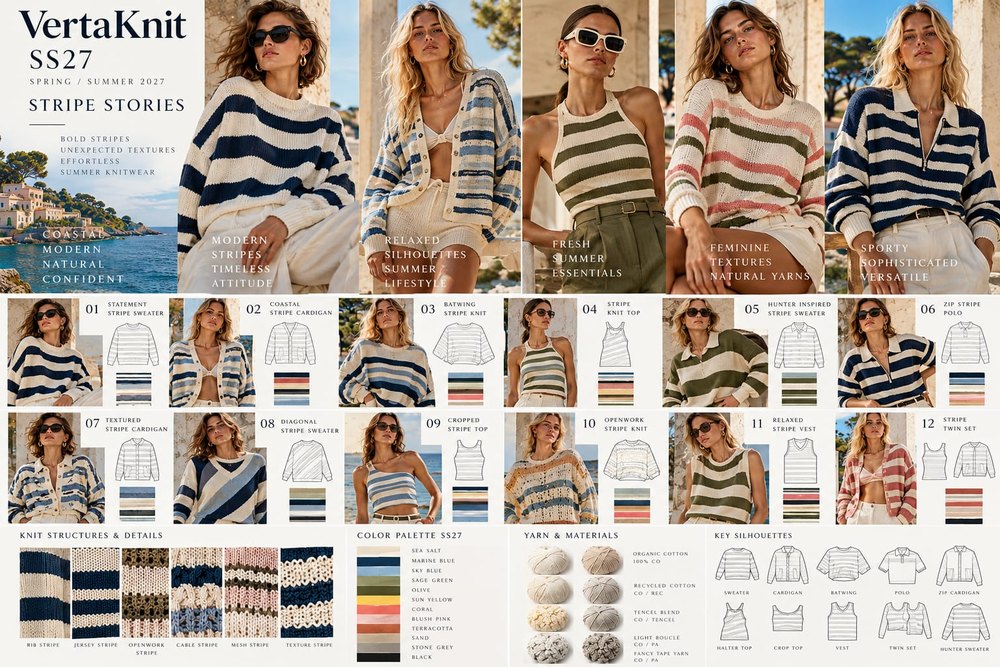 VertaKnit SS27 collection board, Stripe Stories, twelve styles