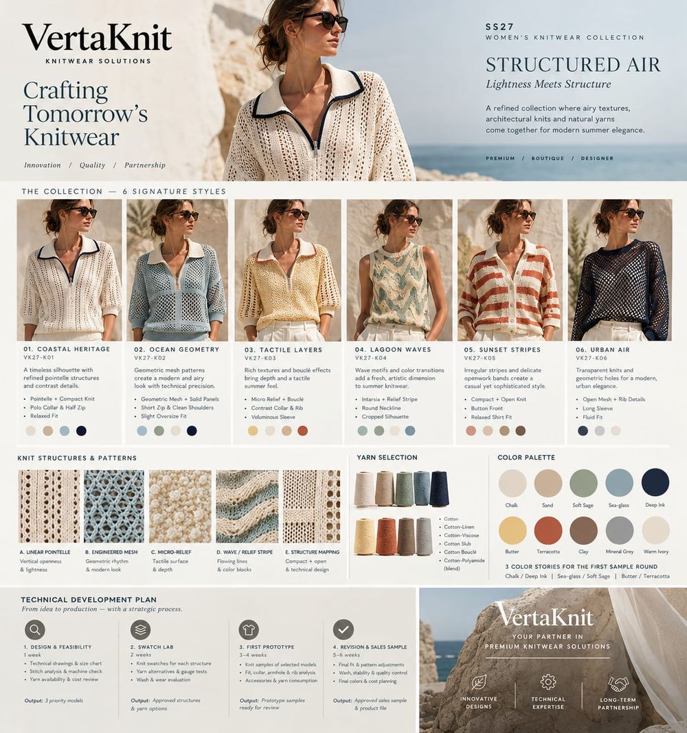 VertaKnit SS27 board, Structured Air, six signature styles
