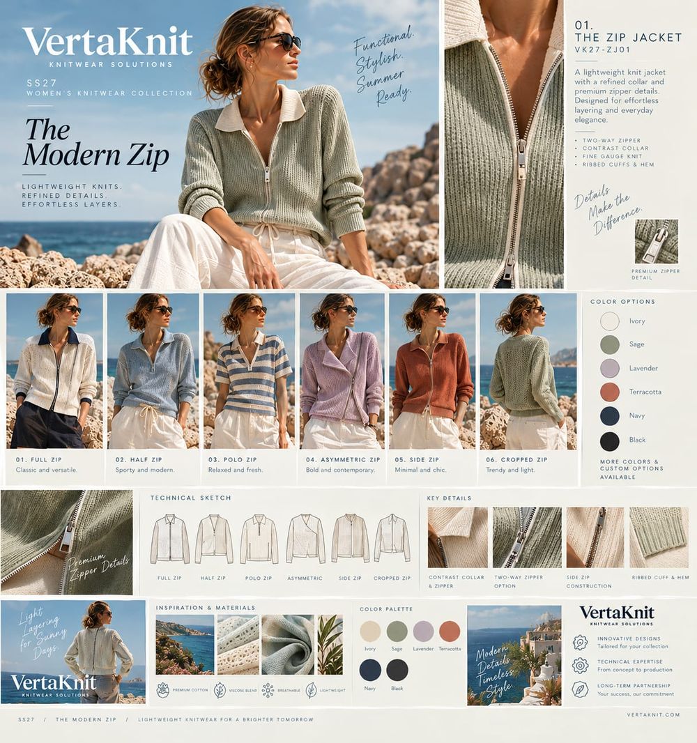 VertaKnit SS27 collection board, The Modern Zip, six styles
