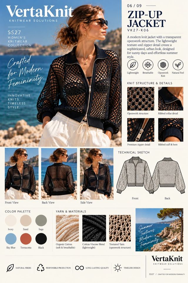 VertaKnit SS27 Crafted for Modern Femininity, Zip-Up Jacket knitwear sheet