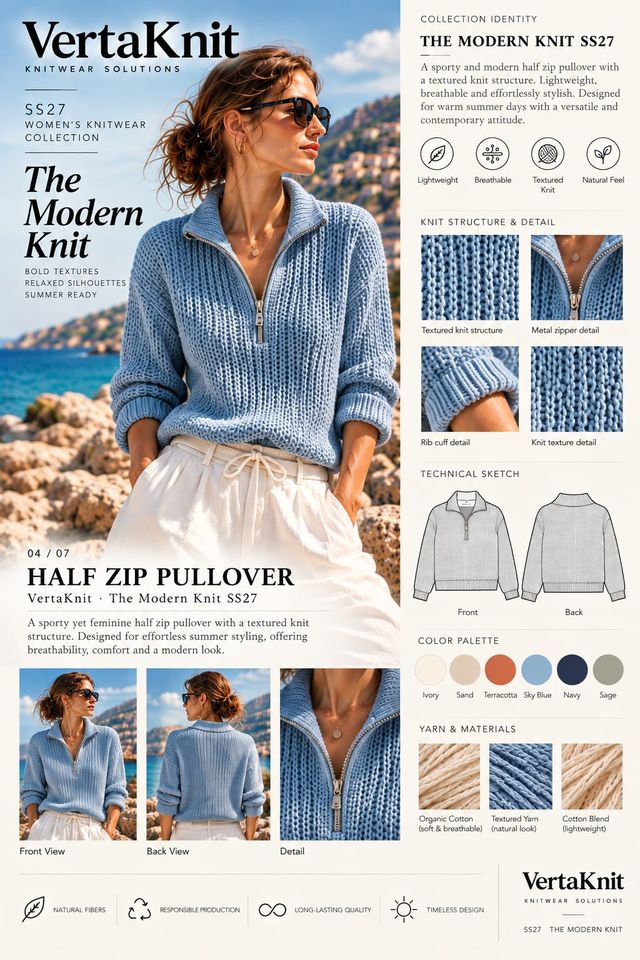 VertaKnit SS27 The Modern Knit, Half Zip Pullover knitwear sheet