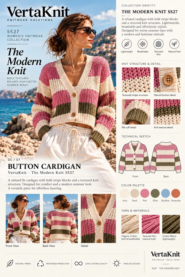 VertaKnit SS27 The Modern Knit, Button Cardigan knitwear sheet