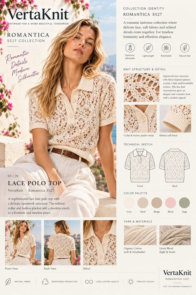 VertaKnit SS27 Romantica, Lace Polo Top knitwear sheet