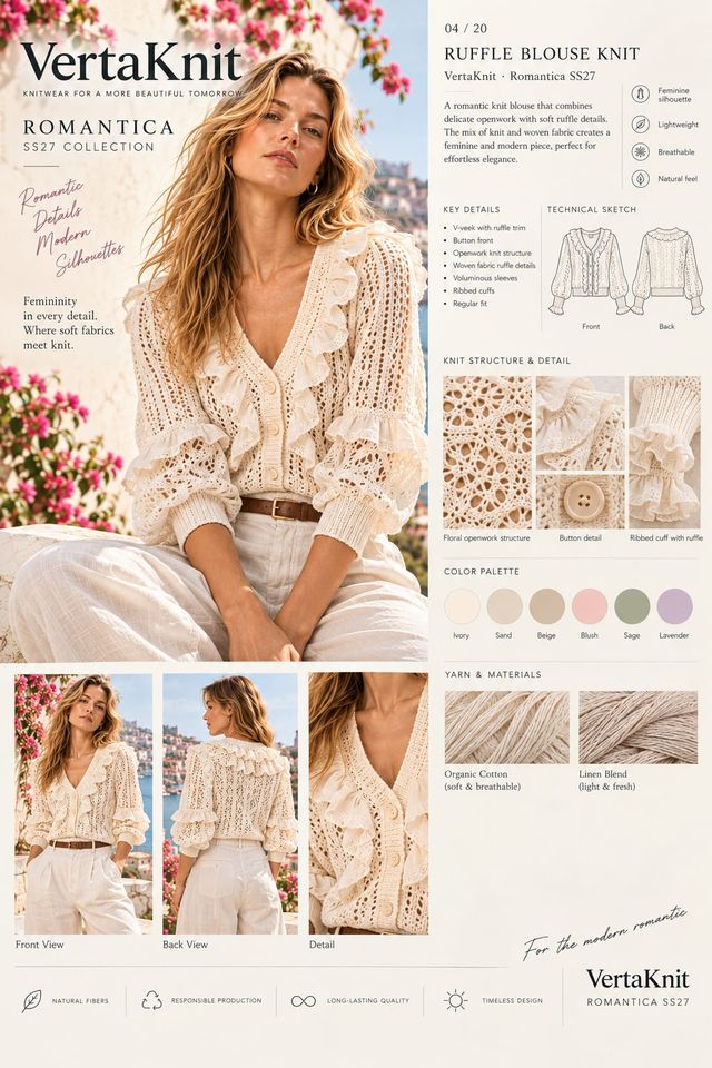 VertaKnit SS27 Romantica, Ruffle Blouse Knit knitwear sheet