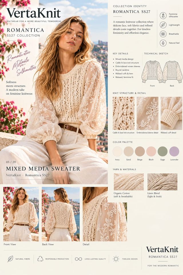 VertaKnit SS27 Romantica, Mixed Media Sweater knitwear sheet