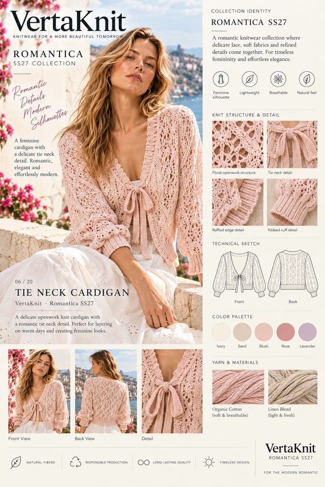 VertaKnit SS27 Romantica, Tie Neck Cardigan knitwear sheet
