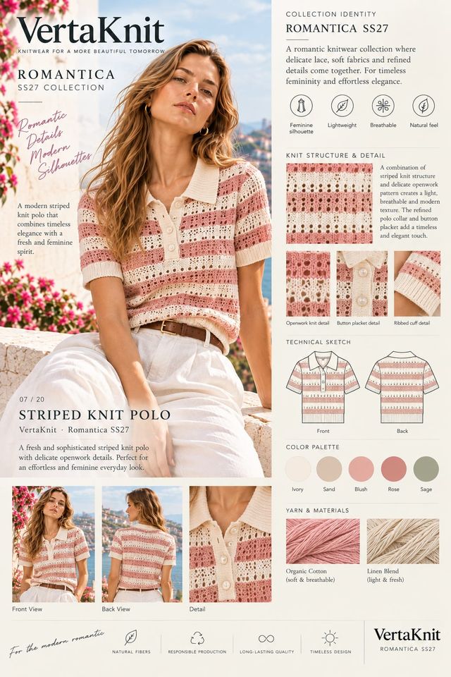 VertaKnit SS27 Romantica, Striped Knit Polo, Rose knitwear sheet