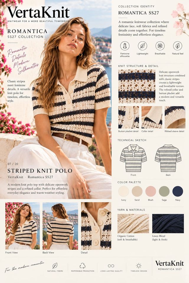 VertaKnit SS27 Romantica, Striped Knit Polo, Ink knitwear sheet