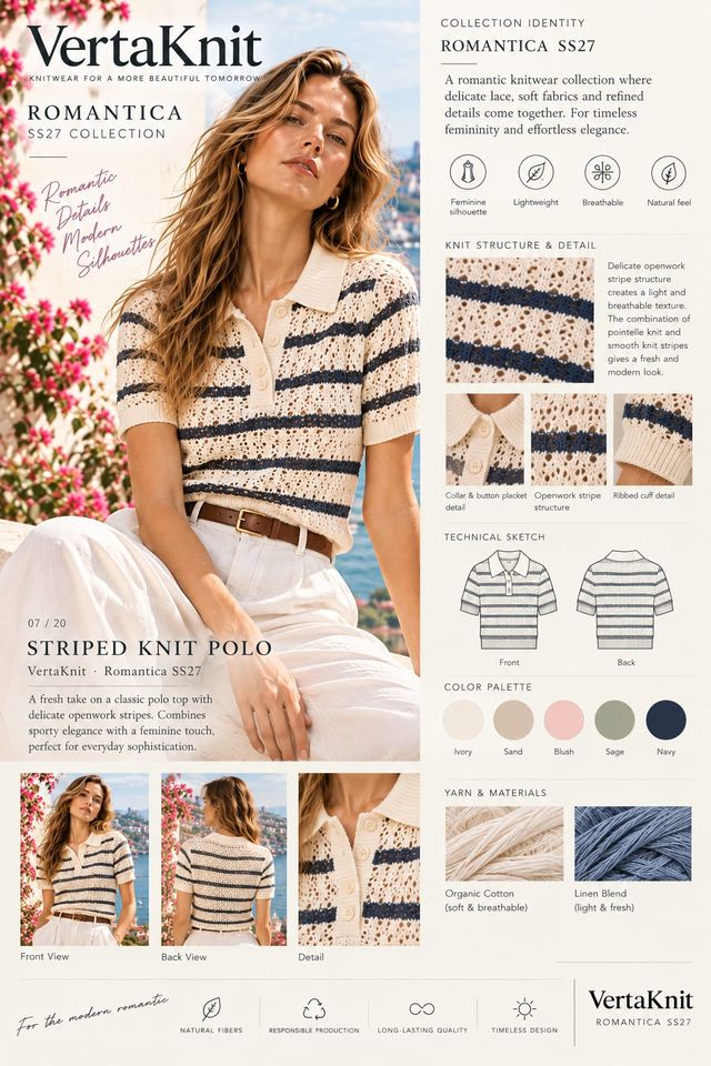 VertaKnit SS27 Romantica, Striped Knit Polo, Navy knitwear sheet