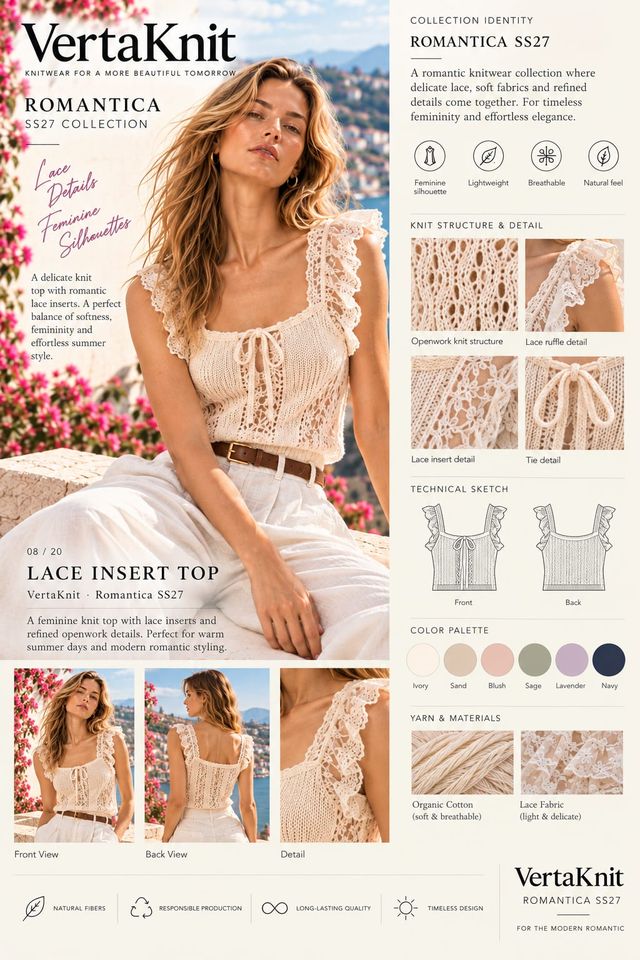 VertaKnit SS27 Romantica, Lace Insert Top knitwear sheet