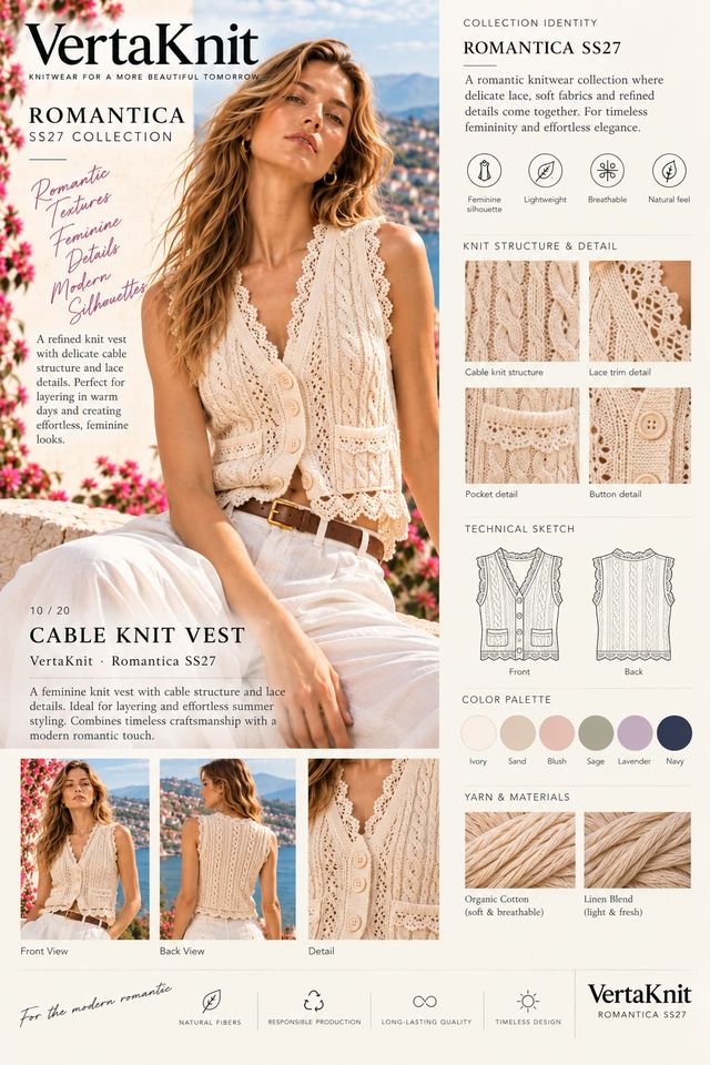 VertaKnit SS27 Romantica, Cable Knit Vest knitwear sheet