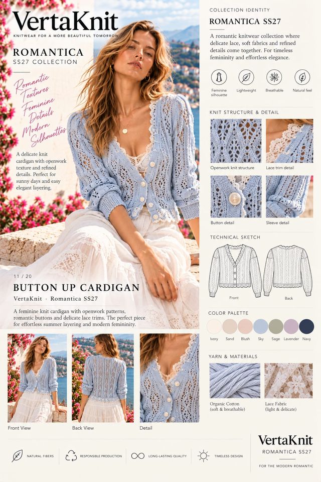 VertaKnit SS27 Romantica, Button Up Cardigan knitwear sheet