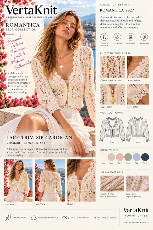 VertaKnit SS27 Romantica, Lace Trim Zip Cardigan knitwear sheet