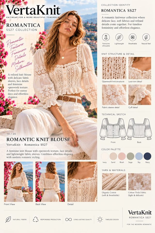 VertaKnit SS27 Romantica, Romantic Knit Blouse knitwear sheet