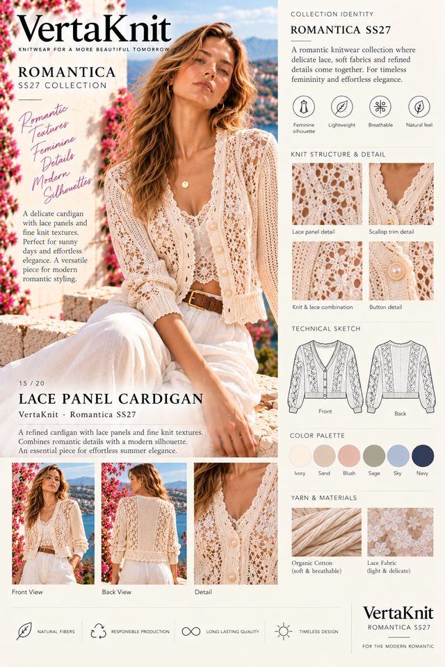 VertaKnit SS27 Romantica, Lace Panel Cardigan knitwear sheet