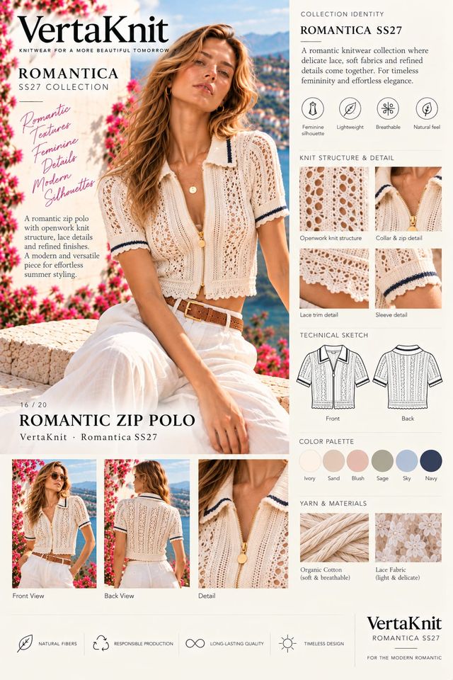 VertaKnit SS27 Romantica, Romantic Zip Polo knitwear sheet