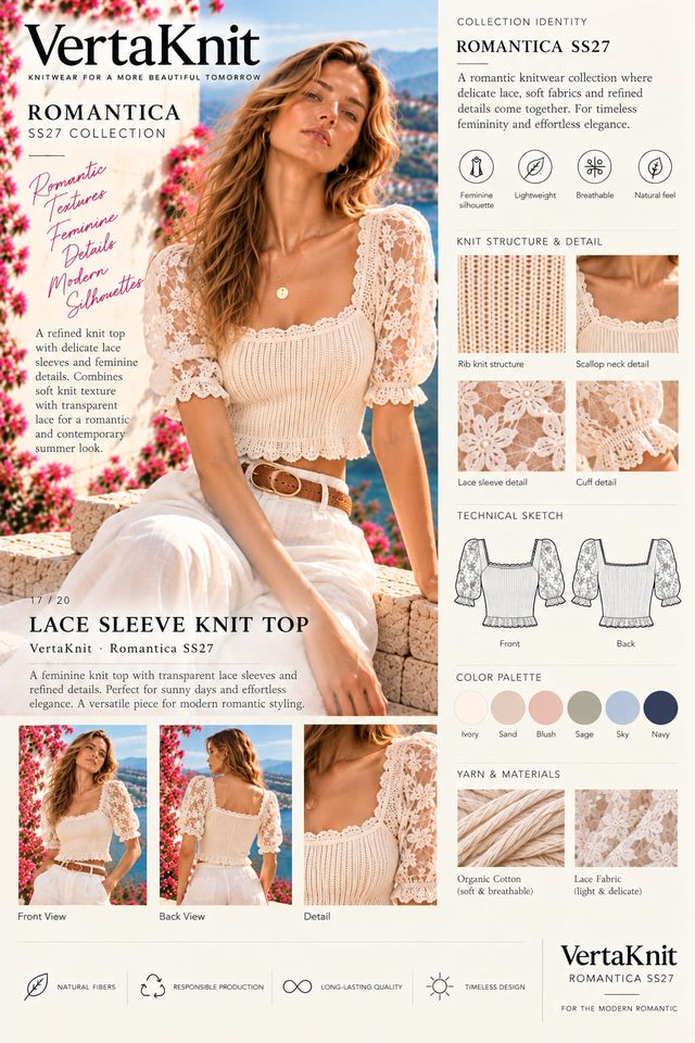 VertaKnit SS27 Romantica, Lace Sleeve Knit Top knitwear sheet