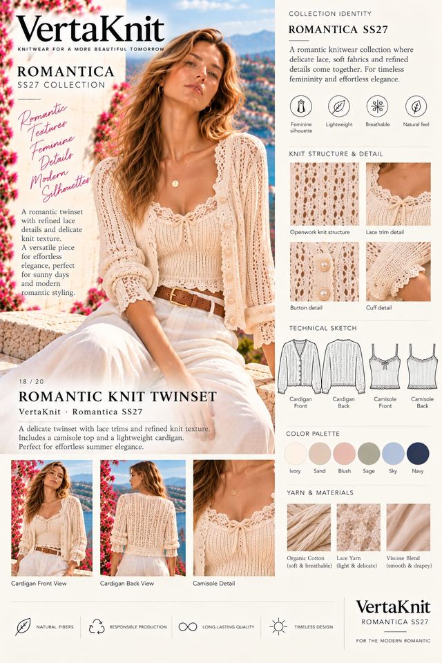 VertaKnit SS27 Romantica, Romantic Knit Twinset knitwear sheet