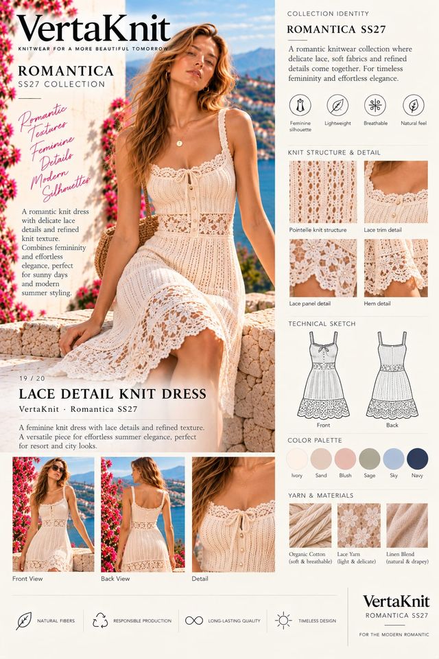 VertaKnit SS27 Romantica, Lace Detail Knit Dress knitwear sheet