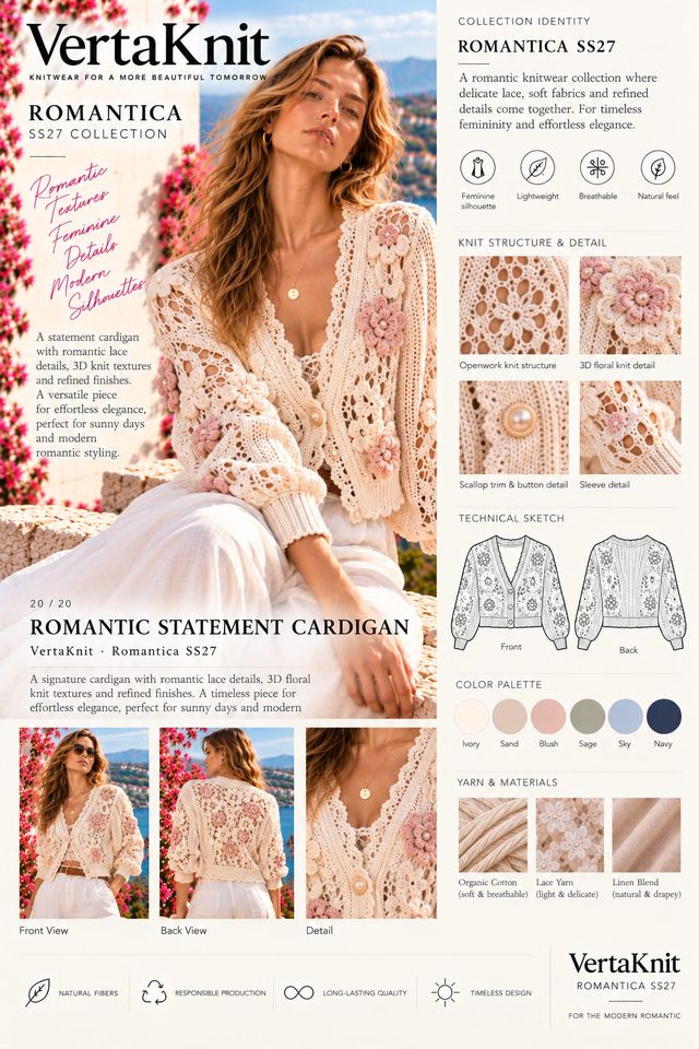 VertaKnit SS27 Romantica, Romantic Statement Cardigan knitwear sheet