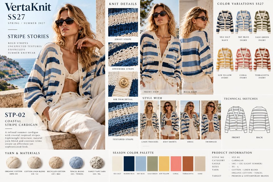 VertaKnit SS27 Stripe Stories, Coastal Stripe Cardigan knitwear sheet