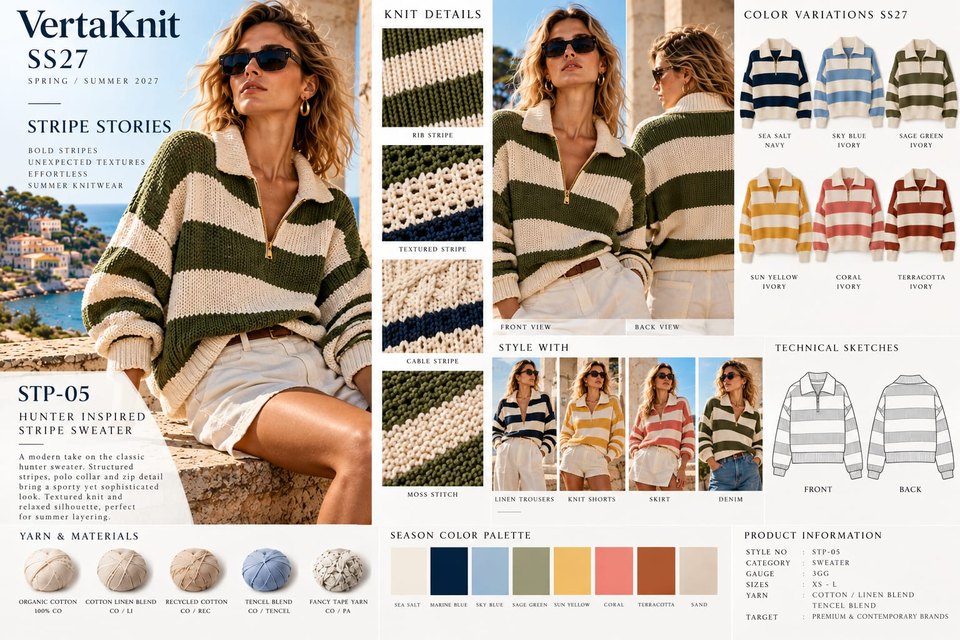 VertaKnit SS27 Stripe Stories, Hunter Inspired Stripe Sweater knitwear sheet