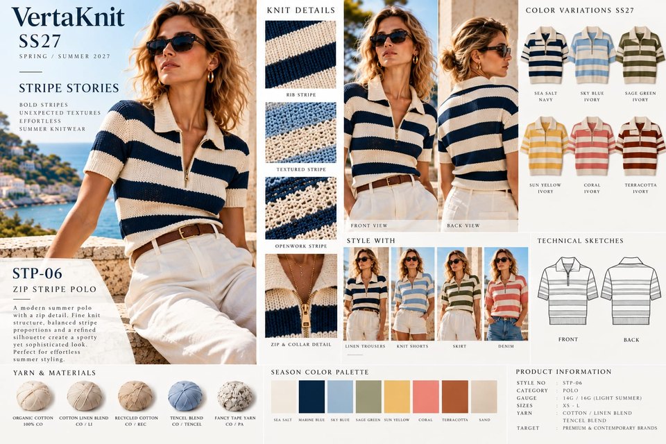 VertaKnit SS27 Stripe Stories, Zip Stripe Polo knitwear sheet