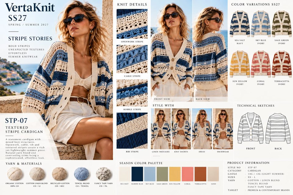 VertaKnit SS27 Stripe Stories, Textured Stripe Cardigan knitwear sheet