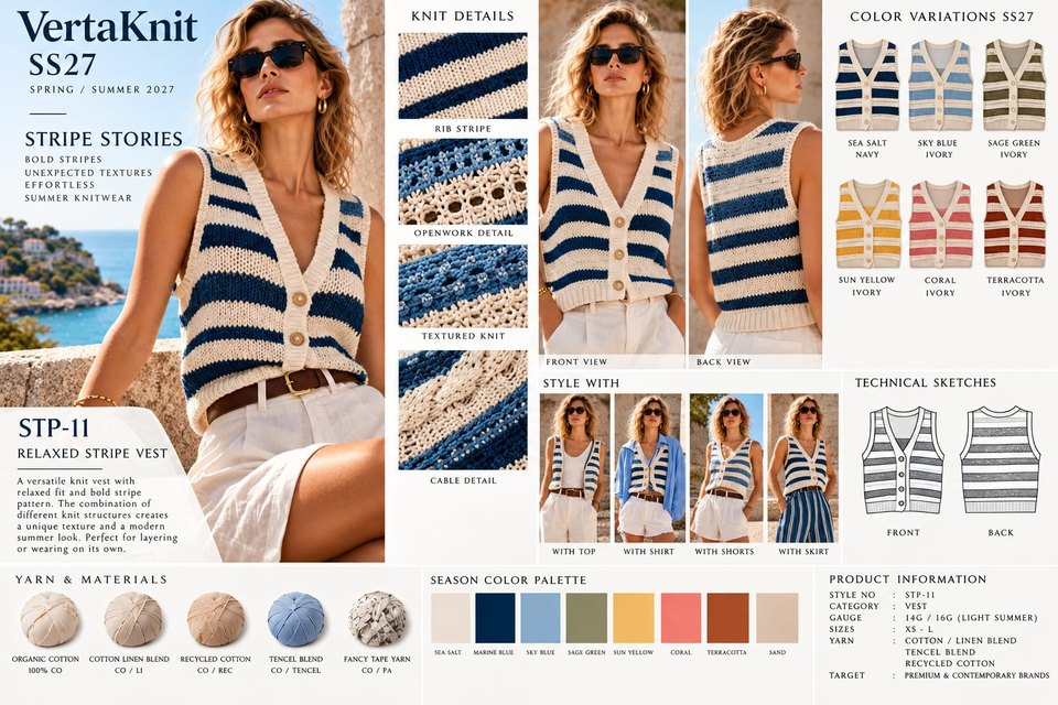 VertaKnit SS27 Stripe Stories, Relaxed Stripe Vest knitwear sheet
