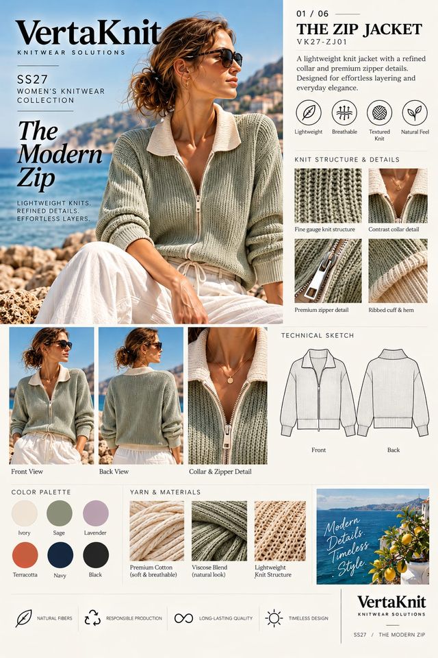 VertaKnit SS27 The Modern Zip, The Zip Jacket knitwear sheet