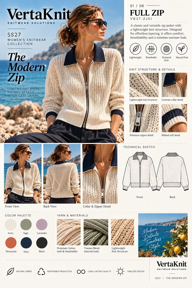 VertaKnit SS27 The Modern Zip, Full Zip knitwear sheet