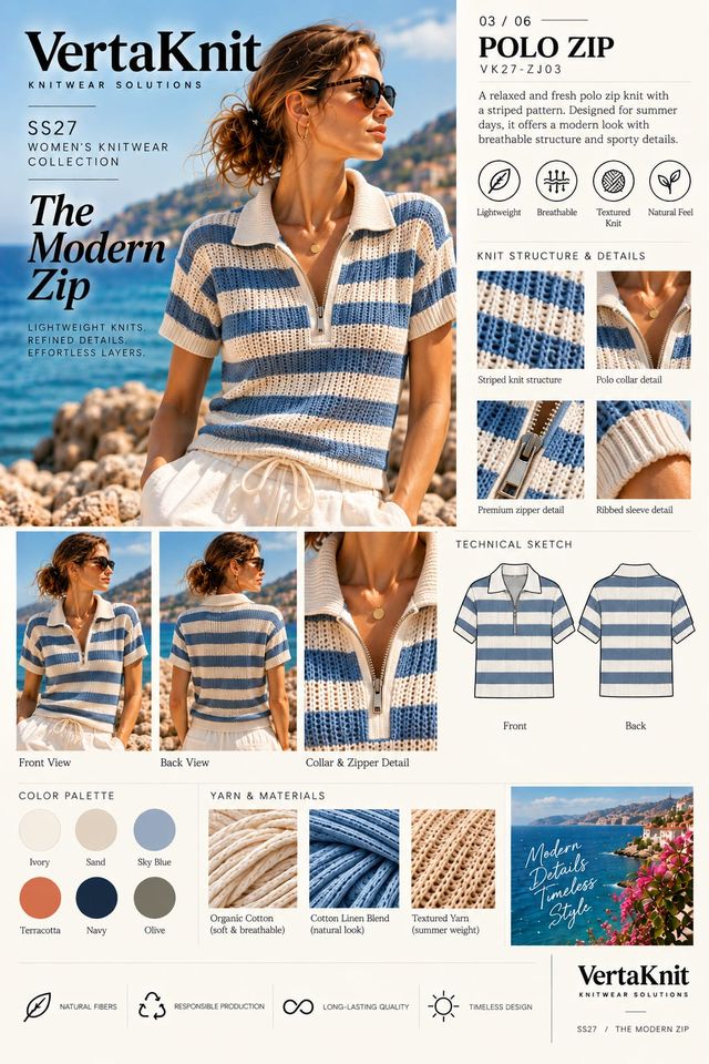 VertaKnit SS27 The Modern Zip, Polo Zip knitwear sheet