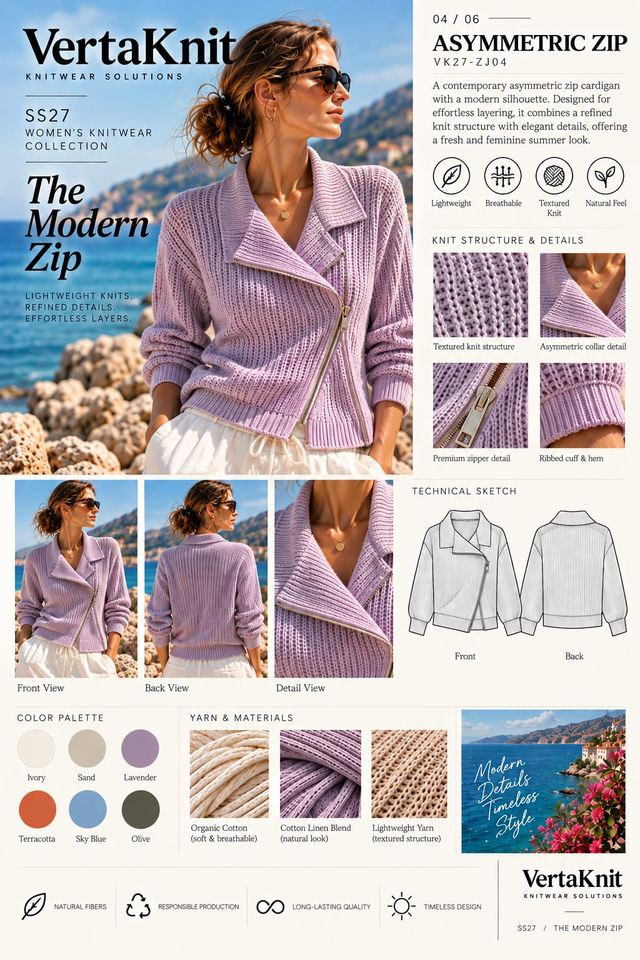 VertaKnit SS27 The Modern Zip, Asymmetric Zip knitwear sheet