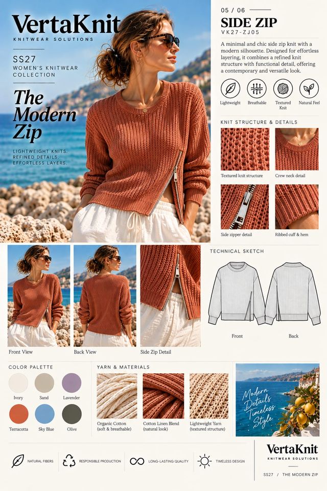 VertaKnit SS27 The Modern Zip, Side Zip knitwear sheet
