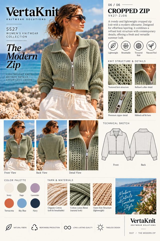 VertaKnit SS27 The Modern Zip, Cropped Zip knitwear sheet
